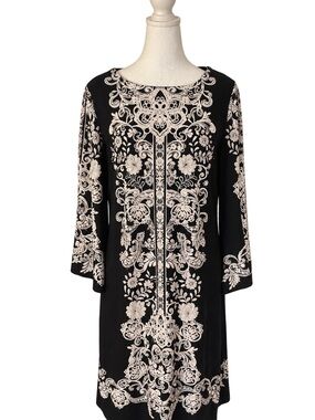 Studio One New York Black Off-White Paisley Bell-Sleeve Shift Dress Medium